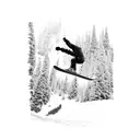 Snowboarder doing a stylish grab mid-air with snow-covered trees below tattoo design idea