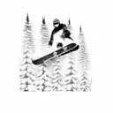 Snowboarder doing a stylish grab mid-air with snow-covered trees below tattoo design idea