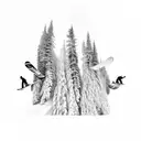 Snowboarder doing a stylish grab mid-air with snow-covered trees below tattoo design idea