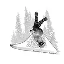 Snowboarder doing a stylish grab mid-air with snow-covered trees below tattoo design idea