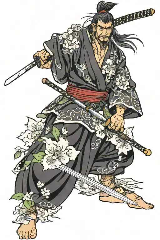 Honda tadakatsu with flowers and sword tattoo design idea