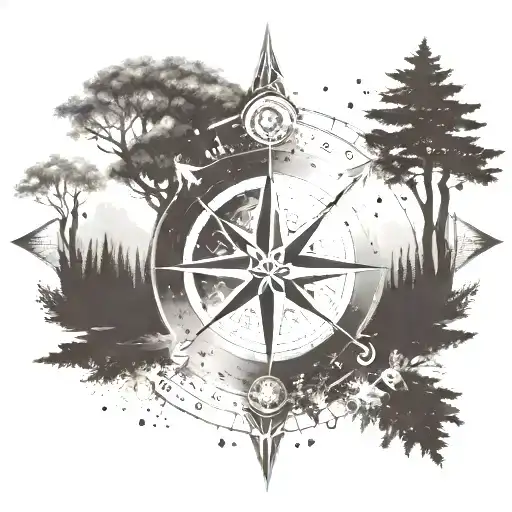 A compass rose surrounded by various outdoor elements like trees and Wolfes and the names of your children Keno and Gero tattoo design idea