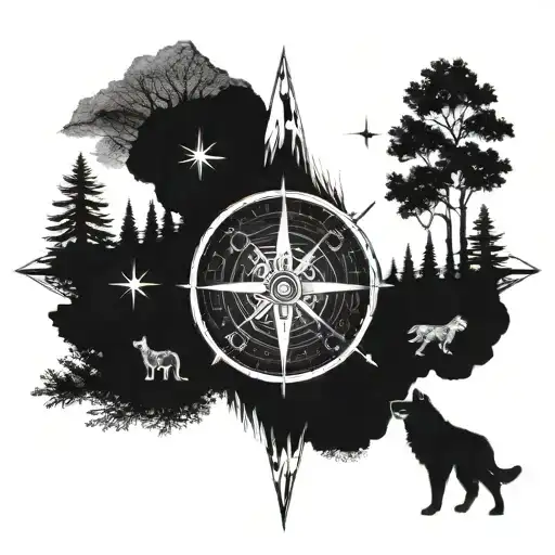 A compass rose surrounded by various outdoor elements like trees and Wolfes and the names of your children Keno and Gero tattoo design idea