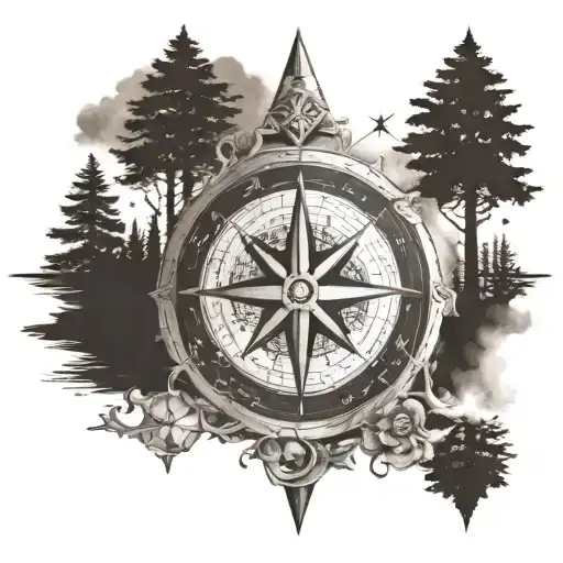 A compass rose surrounded by various outdoor elements like trees and Wolfes and the names of your children Keno and Gero tattoo design idea