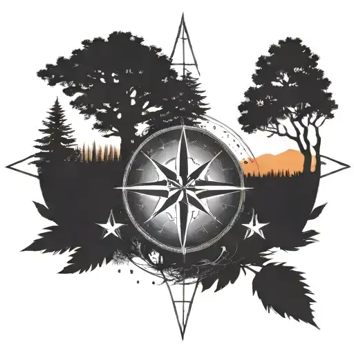 A compass rose surrounded by various outdoor elements like trees and Wolfes and the names of your children Keno and Gero tattoo design idea