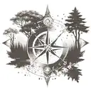 A compass rose surrounded by various outdoor elements like trees and Wolfes and the names of your children Keno and Gero tattoo design idea