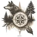 A compass rose surrounded by various outdoor elements like trees and Wolfes and the names of your children Keno and Gero tattoo design idea