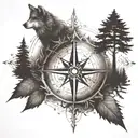 A compass rose surrounded by various outdoor elements like trees and Wolfes and the names of your children Keno and Gero tattoo design idea