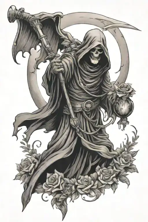 grim reaper holding an hour glass and sword with the crescent moon in the background with flowers  tattoo design idea
