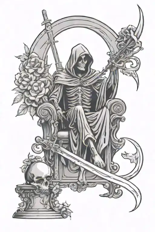 grim reaper holding an hour glass and sword sitting on a throne with the crescent moon in the background with flowers tattoo design idea