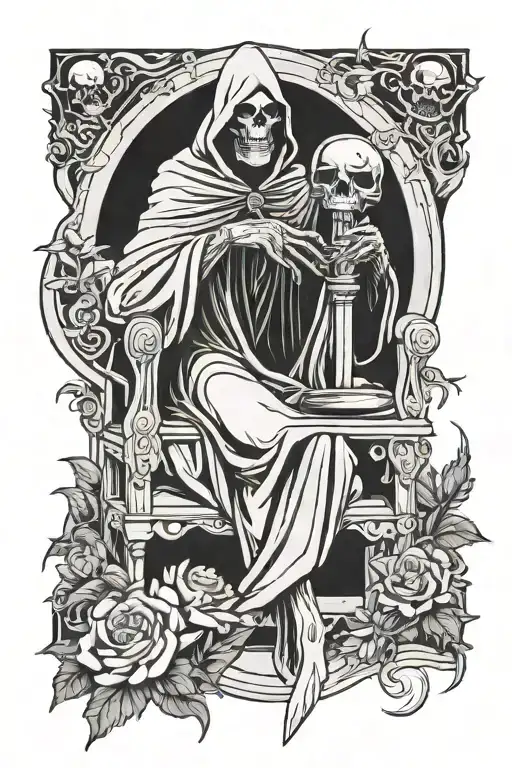 grim reaper holding a hour glass with sand sitting on a throne with flowers by his feet and crescent moon behind him tattoo design idea