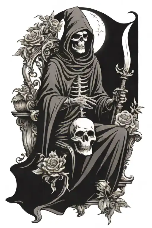 grim reaper holding an hour glass and sword sitting on a throne with the crescent moon in the background with flowers  tattoo design idea