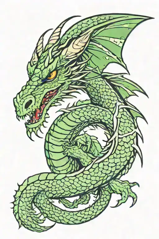 a female green dragon with Green eyes,Black Horns,Green Dragon Wings with Black Wing Web tattoo design idea