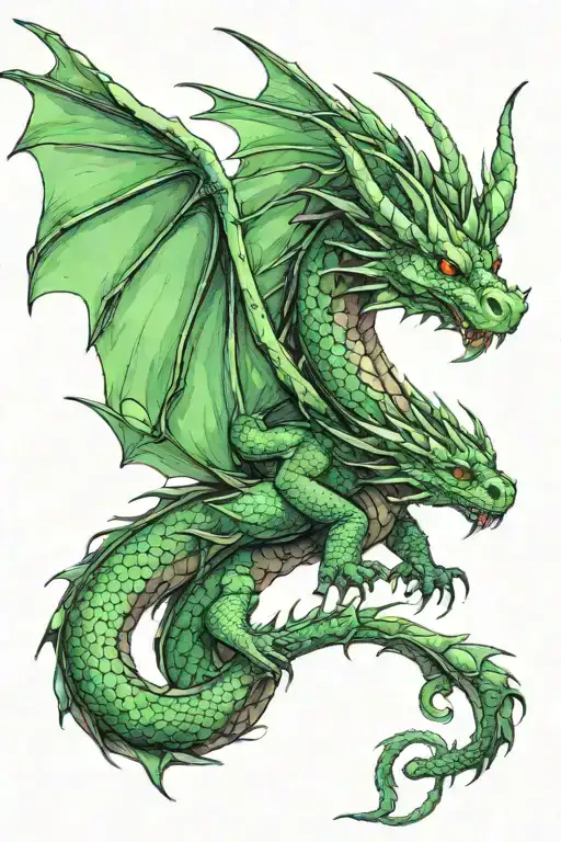a female green dragon with Green eyes,Black Horns,Green Dragon Wings with Black Wing Web tattoo design idea