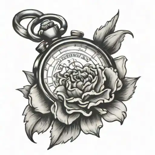 carnation flower, stop watch with time 15:04 tattoo design idea