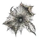 An intricate spider web with a spider crawling out of a half sleeve tattoo on the elbow, incorporating elements of underground culture tattoo design idea