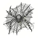 An intricate spider web with a spider crawling out of a half sleeve tattoo on the elbow, incorporating elements of underground culture tattoo design idea