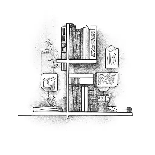 A bookshelf filled with classic literature and a motorcycle parked next to it tattoo design idea