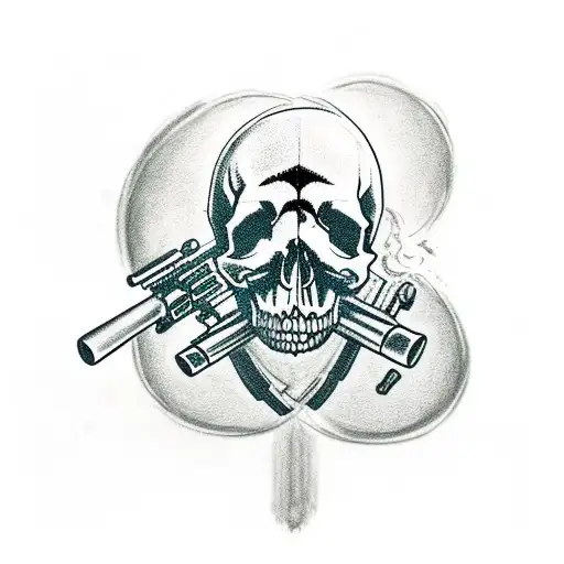 skull with sniper rifle and 50kill symbol with the text pas de cartier tattoo design idea