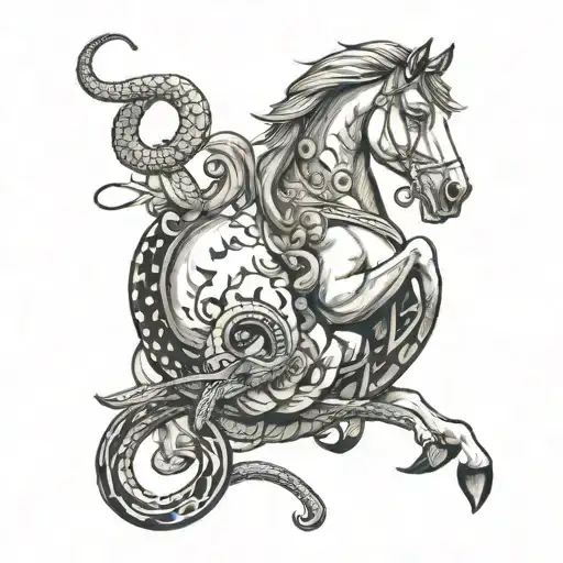 A Rearing Horse protecting a Snake, a Mouse, 2 small dogs tattoo design idea