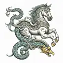 A Rearing Horse protecting a Snake, a Mouse, 2 small dogs tattoo design idea