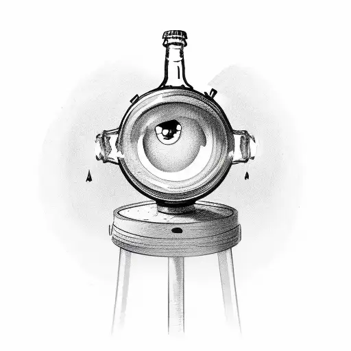 A beer bottle pouring into a camera lens tattoo design idea