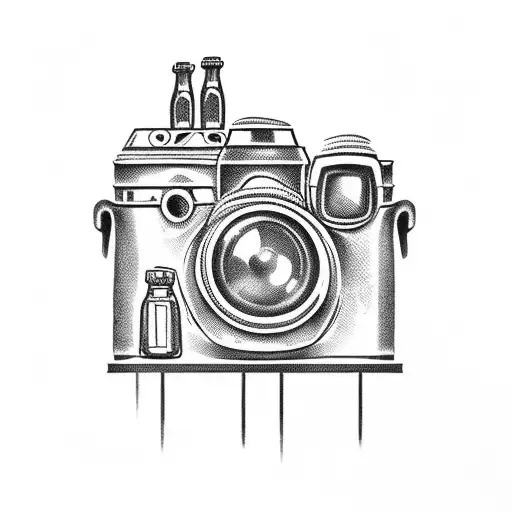 A vintage camera with beer bottles as the film rolls tattoo design idea