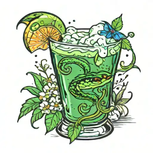 poisonous green cocktail with ice with foam and smoke, blue taipan snake in a glass, hemlock flowers tattoo design idea