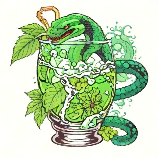 poisonous green cocktail with ice with foam and smoke, blue taipan snake in a glass, hemlock flowers tattoo design idea