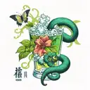 poisonous green cocktail with ice with foam and smoke, blue taipan snake in a glass, hemlock flowers tattoo design idea