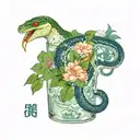 poisonous green cocktail with ice with foam and smoke, blue taipan snake in a glass, hemlock flowers tattoo design idea