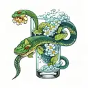 poisonous green cocktail with ice with foam and smoke, blue taipan snake in a glass, hemlock flowers tattoo design idea