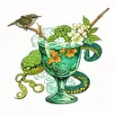 poisonous green cocktail with ice with foam and smoke, blue taipan snake in a glass, hemlock flowers tattoo design idea