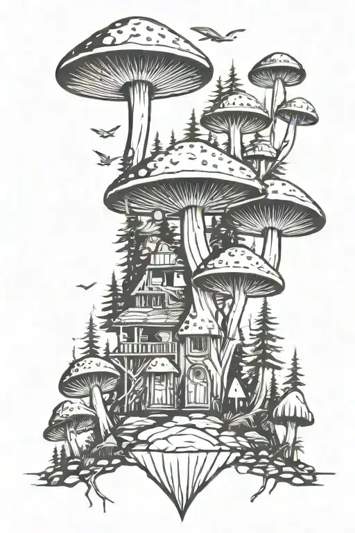 mushroom camping scene immersed tattoo design idea