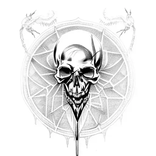 A gothic-inspired tattoo featuring a raven perched on a skull, with intricate spiderwebs in the background tattoo design idea