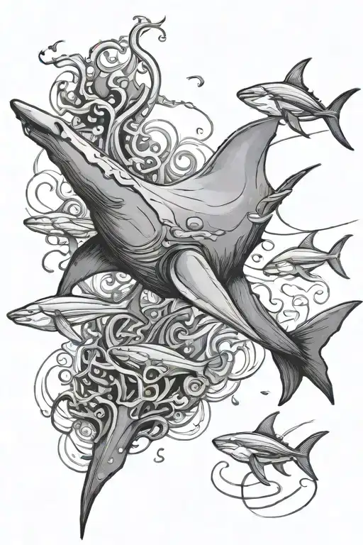 hammerhead shark, manta ray, jellyfish swimming tattoo design idea