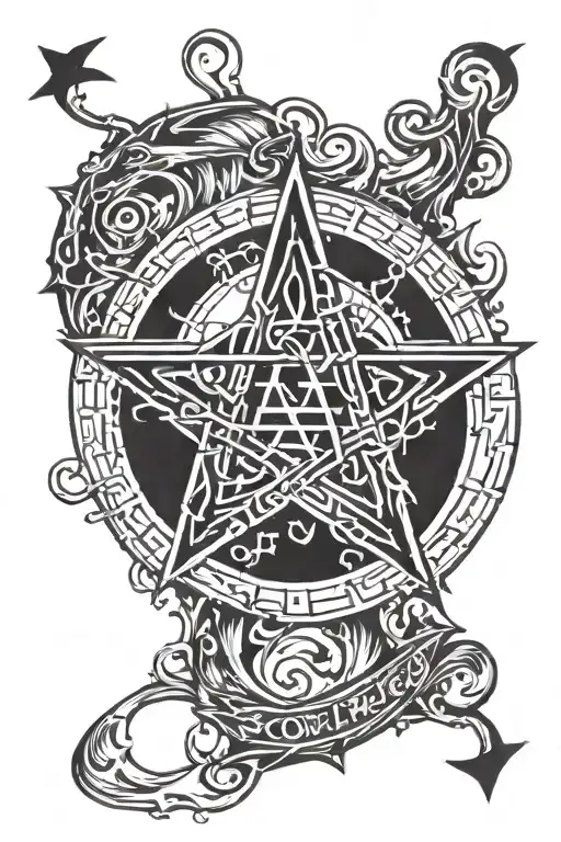 Solve et coagula text with pentagram surrounded tattoo design idea
