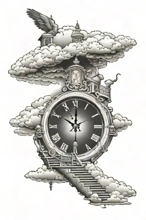 stair way to heaven clouds clock tattoo design idea