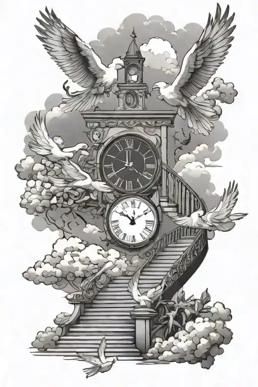 stair way to heaven clouds clock doves flying tattoo design idea