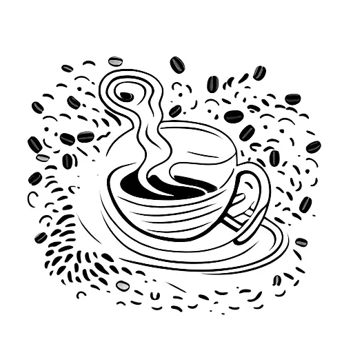 A coffee cup with a trail of coffee beans leading to a beach scene tattoo design idea