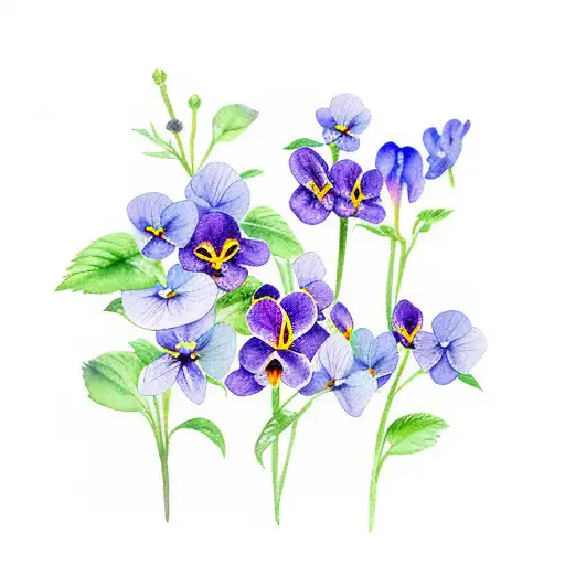 watercolor style, small bouquet of violet (viola odora) flowers tattoo design idea