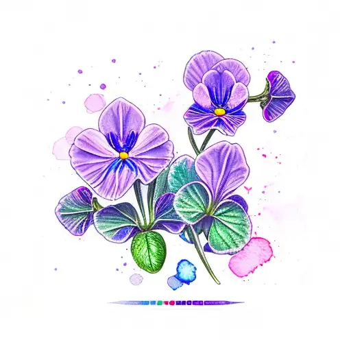 3 delicate viola odora flowers, watercolor style, blue pink and purple color palette tattoo design idea