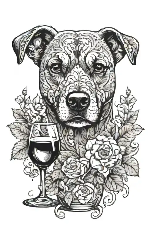 wine glass with dog in flowers growing tattoo design idea