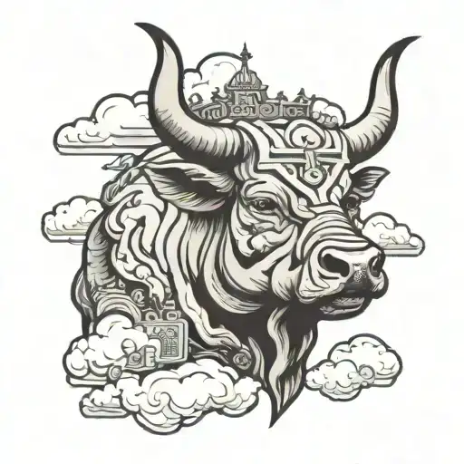 bull with crown on its head, milwaukee city skyline in the background with clouds overlapping it tattoo design idea