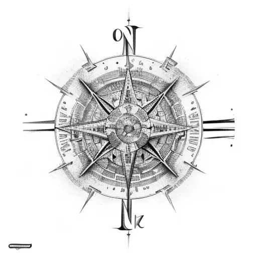 limoen boom die groeit uit een compass met als rand een gebroken snelweg en daar om heem noord, oots, zuidz west  tattoo design idea