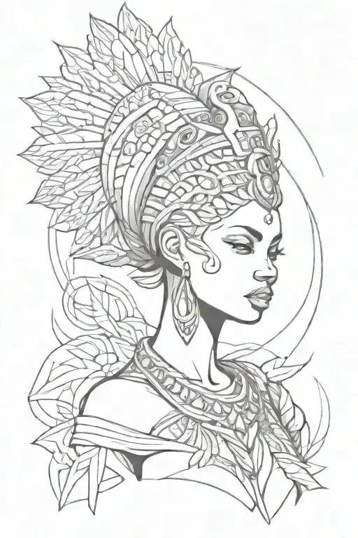 female goddess with African inspired elements tattoo design idea