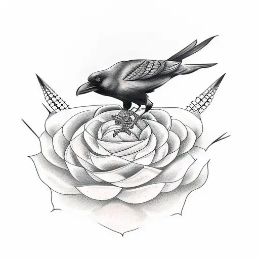 raven bird holding yellow cactus flower tattoo design idea