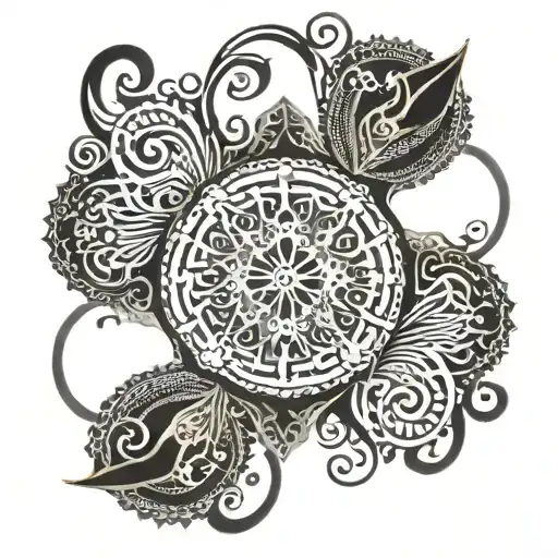 An intricate mandala design incorporating musical notes and symbols, symbolizing the harmony of music and spirituality tattoo design idea