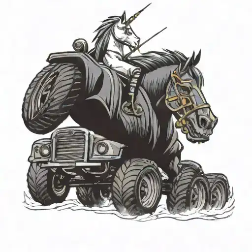 unicorn driving a monster truck driving tattoo design idea