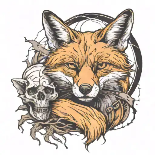 meditating Fox sitting with skull for a head with lightning shooting from third eye tattoo design idea
